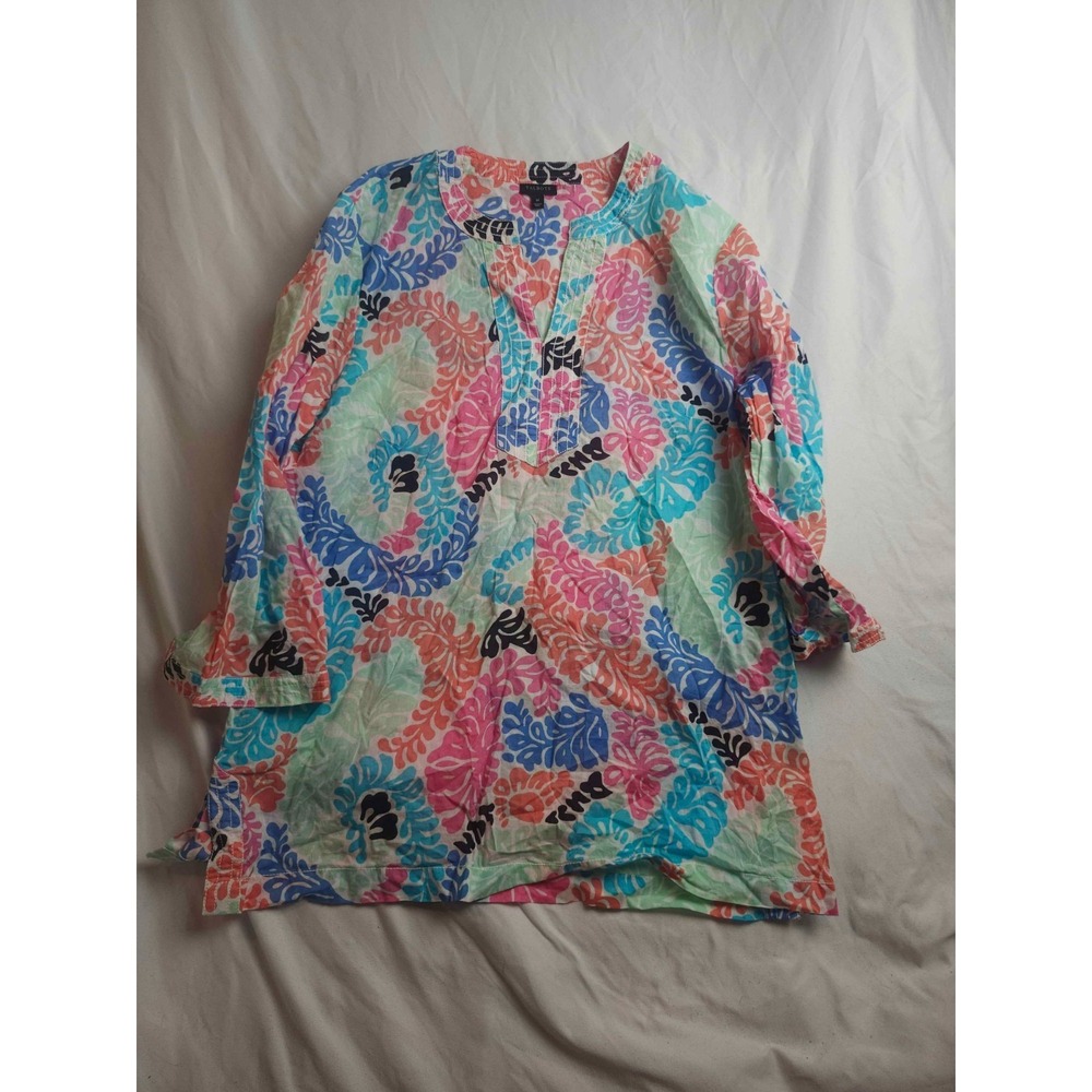 Talbots Popover Tunic Top Womens Medium Pink Blue Floral Breezy Tropical Hippie